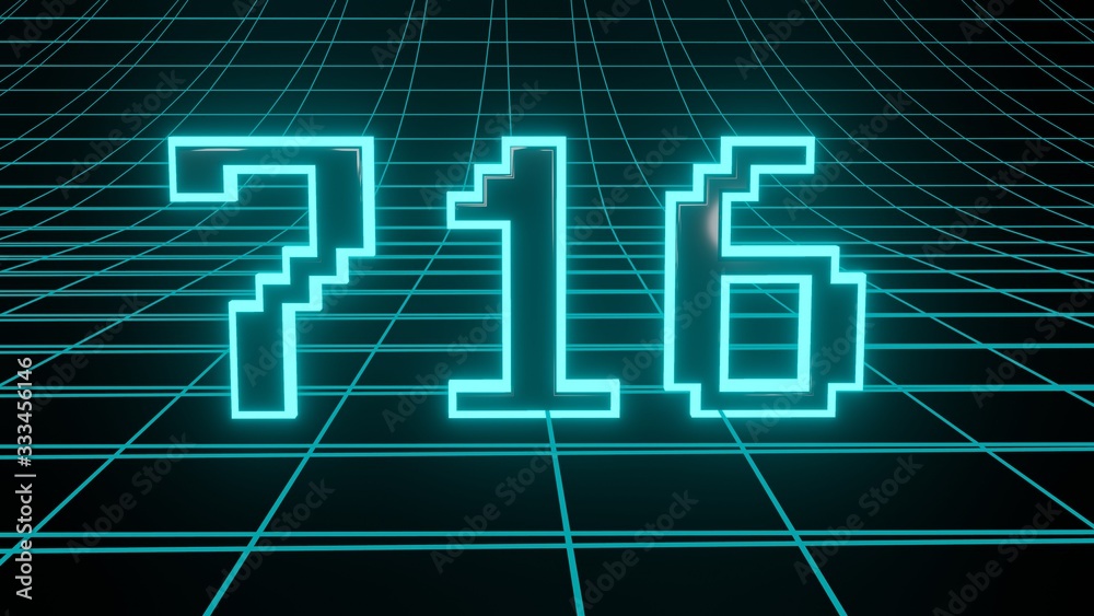 Number 716 in neon glow cyan on grid background, isolated number 3d render Number 716 in neon glow cyan on grid background, isolated number 3d render