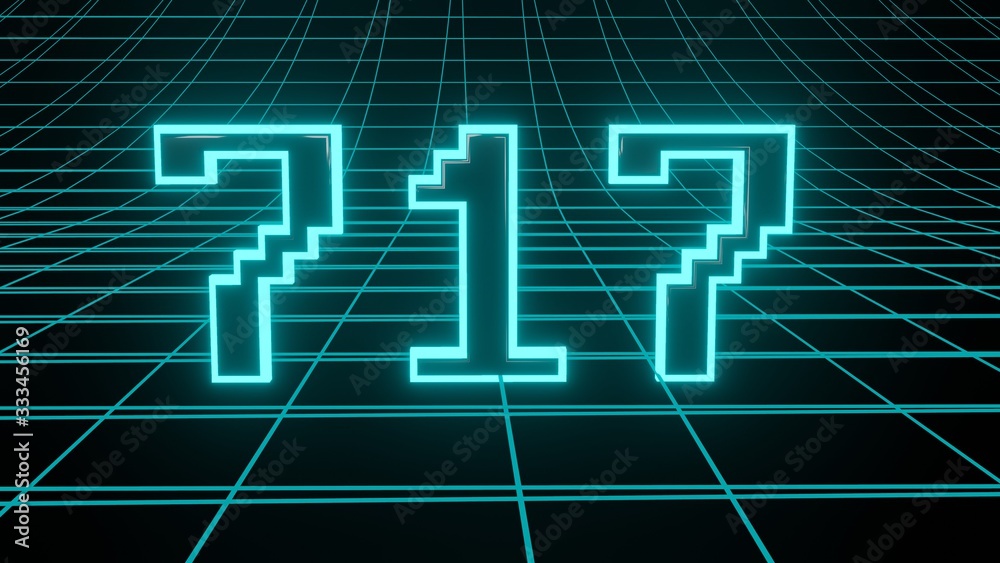 Number 717 in neon glow cyan on grid background, isolated number 3d render Number 717 in neon glow cyan on grid background, isolated number 3d render