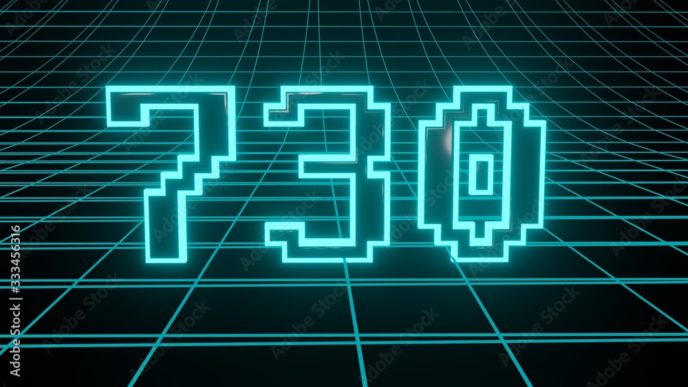 Number 730 in neon glow cyan on grid background, isolated number 3d render Number 730 in neon glow cyan on grid background, isolated number 3d render