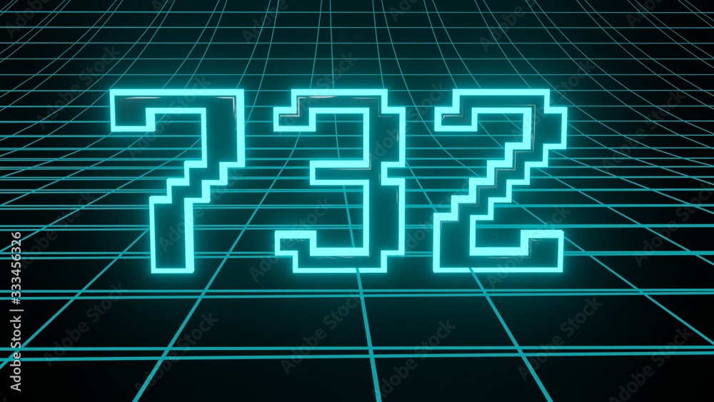Number 732 in neon glow cyan on grid background, isolated number 3d render Number 732 in neon glow cyan on grid background, isolated number 3d render