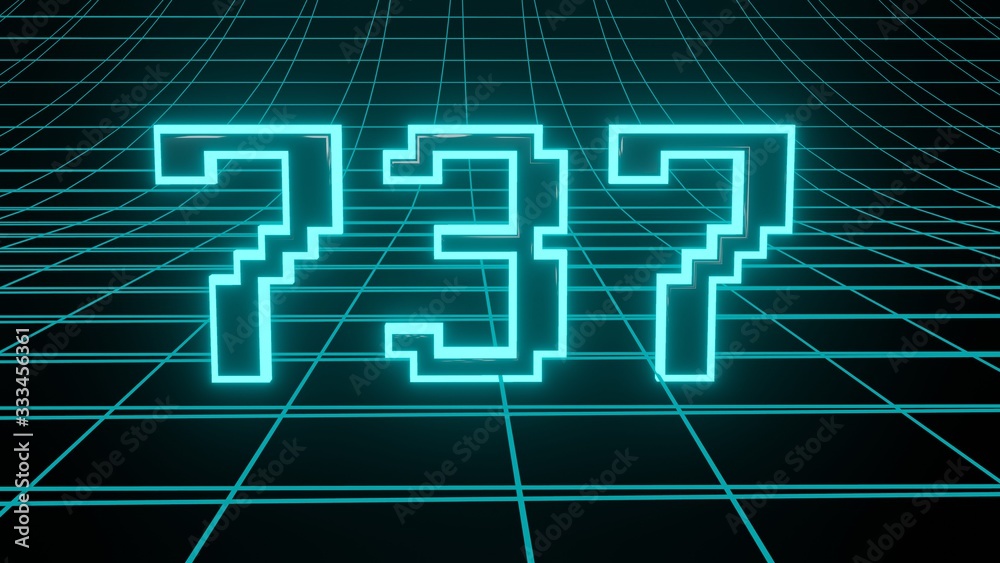 Number 737 in neon glow cyan on grid background, isolated number 3d render Number 737 in neon glow cyan on grid background, isolated number 3d render