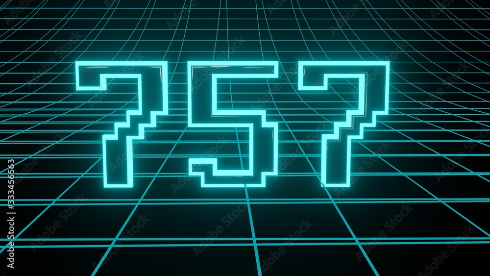Number 757 in neon glow cyan on grid background, isolated number 3d render Number 757 in neon glow cyan on grid background, isolated number 3d render