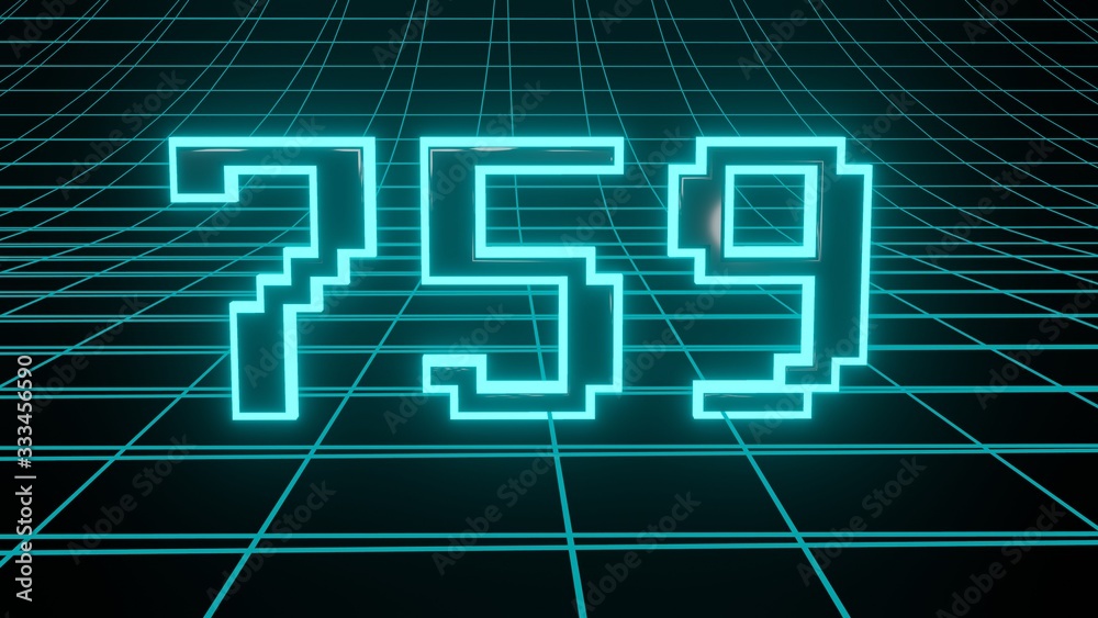 Number 759 in neon glow cyan on grid background, isolated number 3d render Number 759 in neon glow cyan on grid background, isolated number 3d render