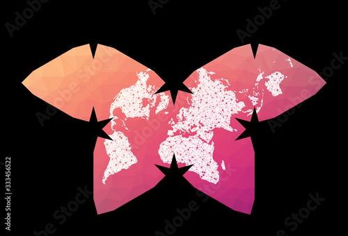World network map. Steve Waterman's butterfly projection. Wired globe in Polyhedral Waterman projection on geometric low poly background. Stylish vector illustration.