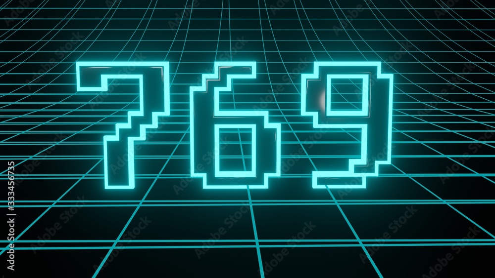 Number 769 in neon glow cyan on grid background, isolated number 3d render Number 769 in neon glow cyan on grid background, isolated number 3d render
