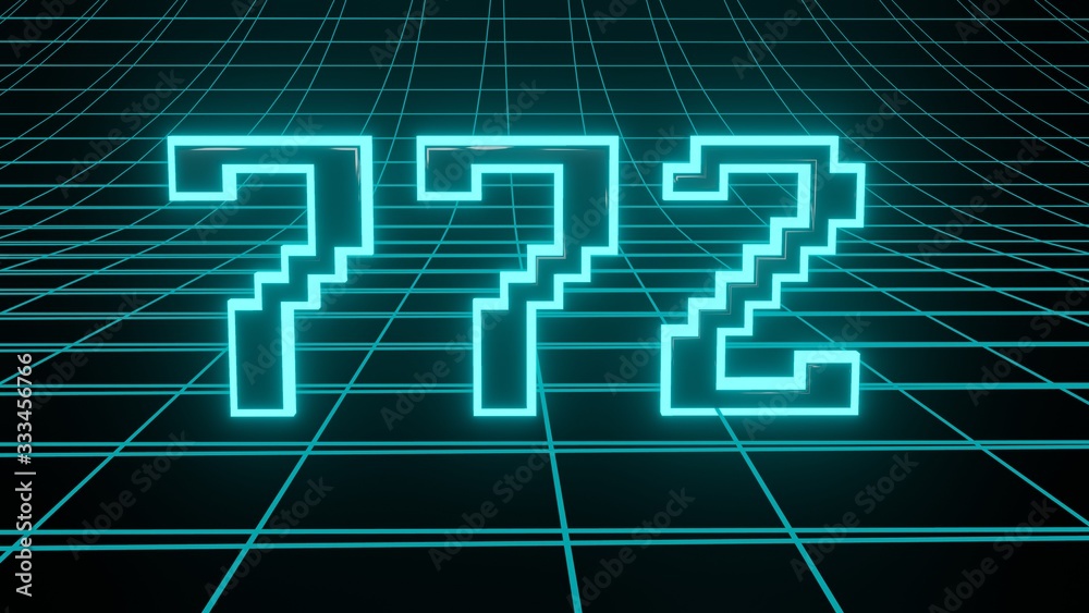 Number 772 in neon glow cyan on grid background, isolated number 3d render Number 772 in neon glow cyan on grid background, isolated number 3d render