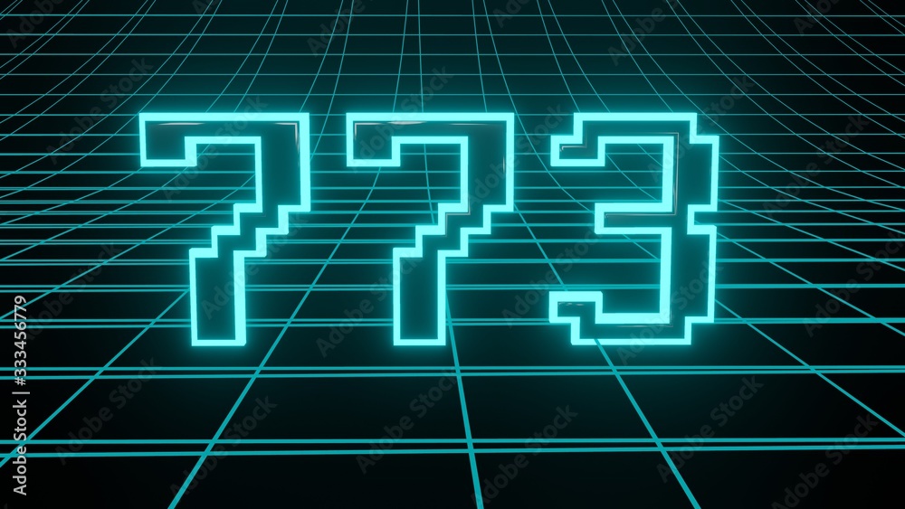 Number 773 in neon glow cyan on grid background, isolated number 3d render Number 773 in neon glow cyan on grid background, isolated number 3d render