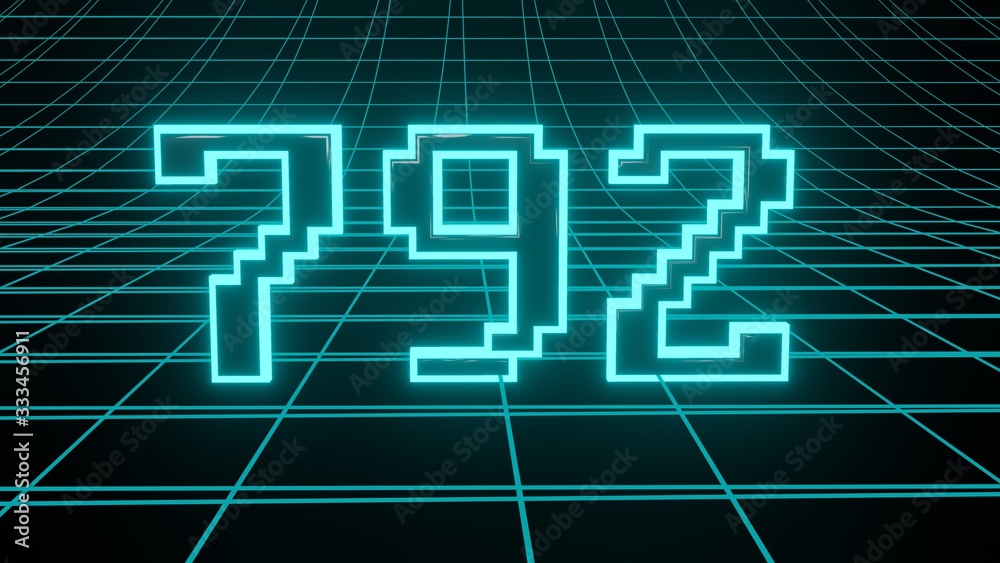 Number 792 in neon glow cyan on grid background, isolated number 3d render Number 792 in neon glow cyan on grid background, isolated number 3d render