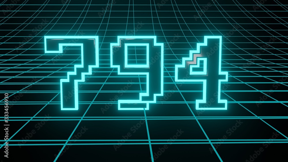 Number 794 in neon glow cyan on grid background, isolated number 3d render Number 794 in neon glow cyan on grid background, isolated number 3d render