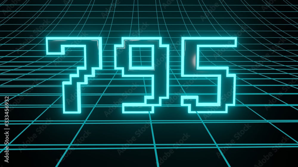 Number 795 in neon glow cyan on grid background, isolated number 3d render Number 795 in neon glow cyan on grid background, isolated number 3d render