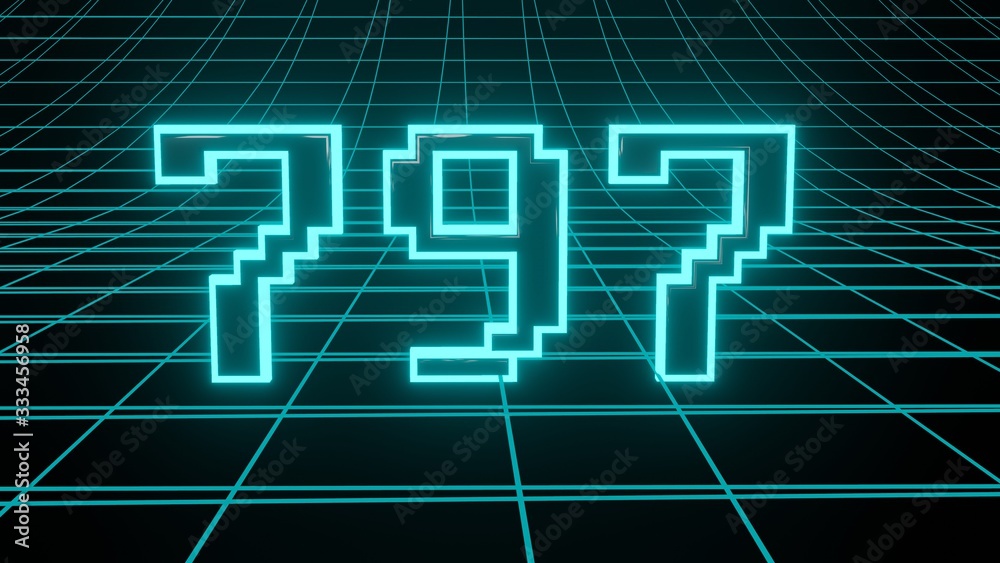 Number 797 in neon glow cyan on grid background, isolated number 3d render Number 797 in neon glow cyan on grid background, isolated number 3d render