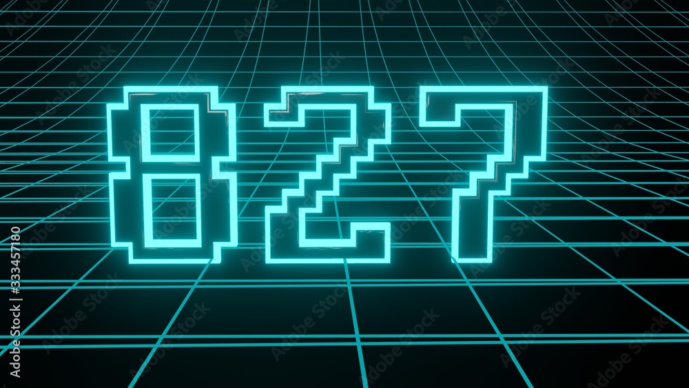 Number 827 in neon glow cyan on grid background, isolated number 3d render Number 827 in neon glow cyan on grid background, isolated number 3d render