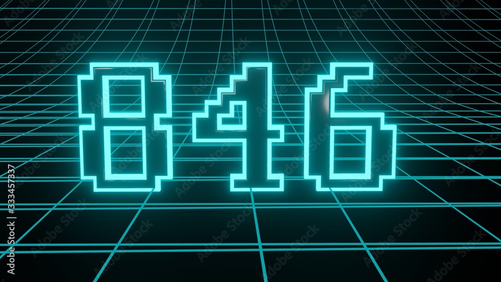 Number 846 in neon glow cyan on grid background, isolated number 3d render Number 846 in neon glow cyan on grid background, isolated number 3d render