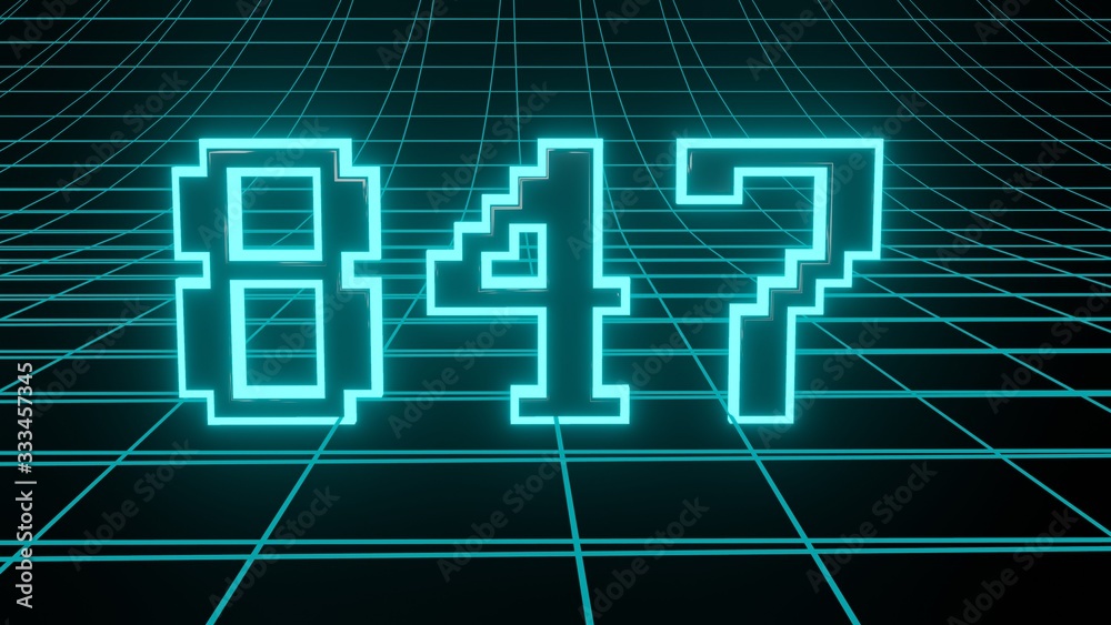 Number 847 in neon glow cyan on grid background, isolated number 3d render Number 847 in neon glow cyan on grid background, isolated number 3d render