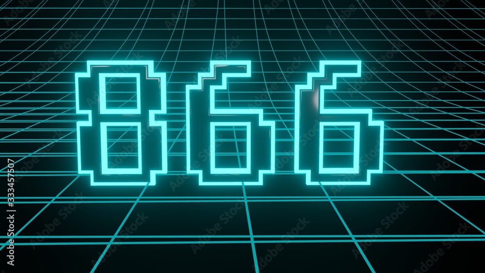 Number 866 in neon glow cyan on grid background, isolated number 3d render Number 866 in neon glow cyan on grid background, isolated number 3d render