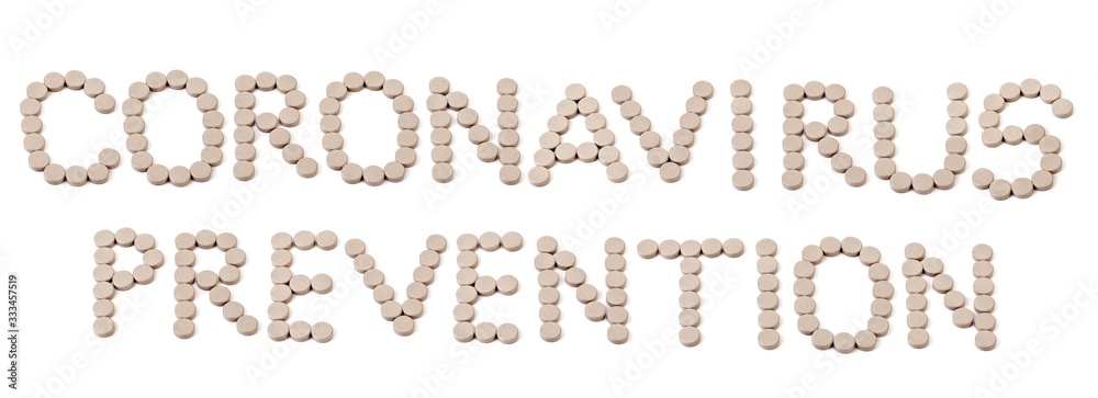 CORONAVIRUS PREVENTION - text made of pills