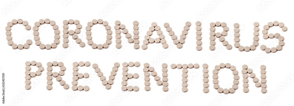 CORONAVIRUS PREVENTION - text made of pills CORONAVIRUS PREVENTION - text made of pills