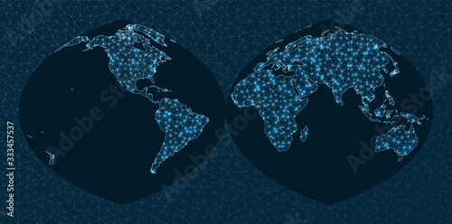 Abstract telecommunication world map. Interrupted Quartic Authalic projection. World Network. Creative connections map. Vector illustration.