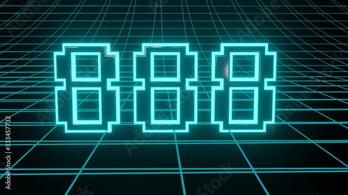 Number 888 in neon glow cyan on grid background, isolated number 3d render