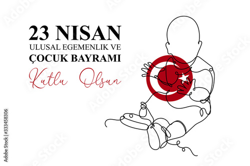 23 Nisan Cocuk Bayrami translate turkish April 23 National Sovereignty and Children Day. One continuous line children with red ball Turkey flag. Graphic design holiday. Vector illustration