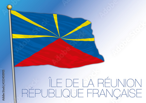 Reunion unofficial national flag and coat of arms, french territory, vector illustration
