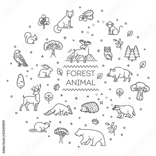Fototapeta Naklejka Na Ścianę i Meble -  Vector. Set of linear vector forest animals