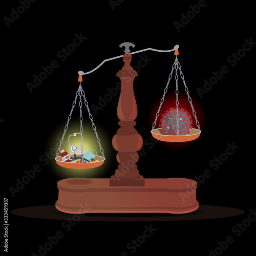 Scales with two cups - medicines and virus.