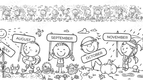 Children with months signs and changing weather and seasons, a long horizontal border or frame, coloring page