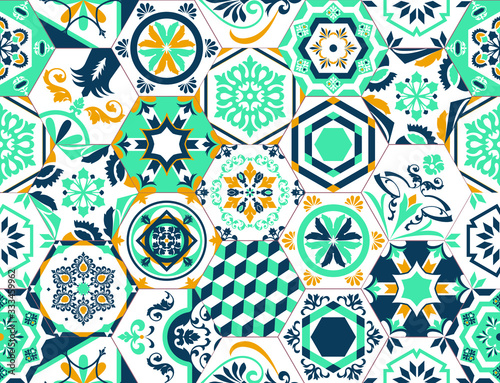 Lisbon geometric Azulejo hexagonal tile vector pattern, Portuguese or Spanish retro old tiles mosaic, Mediterranean seamless turquoise and yellow design. Ornamental textile background