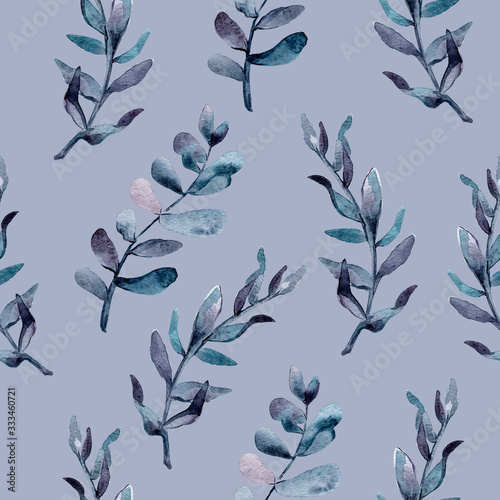 Fototapeta Naklejka Na Ścianę i Meble -  Seamless pattern of watercolor eucalyptus twigs. Eucalyptus. Colorful botanical print with leaves. Pattern for wallpaper, cards, colors, textiles, clothes. Fashionable summer prints. Exotic.