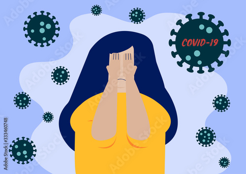 Flat Layer Cartoon of  Woman with Hand Cover Her Face With Stressed by Covid-19 or Corona Virus