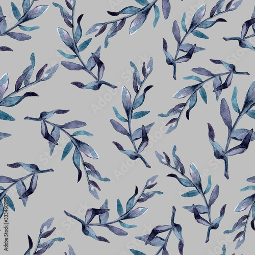 Delicate floral pattern in blue tones on a gray background. Seamless pattern of watercolor eucalyptus twigs. Eucalyptus. Colorful botanical print with leaves. Pattern for wallpaper, cards, flowers