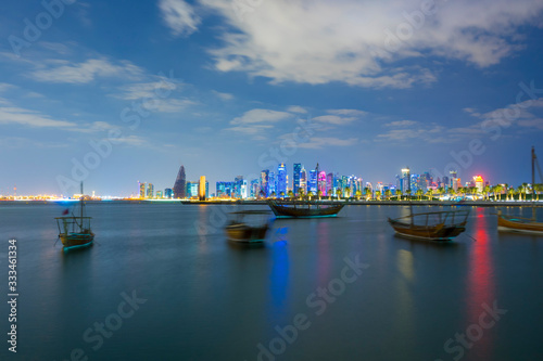 Panorama of Doha at dawn. Doha, Qatar.