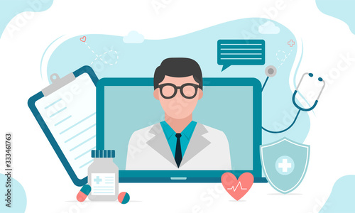 Online medical consultation or Doctor online concept .Concept for medical app and websites. Flat vector illustration.