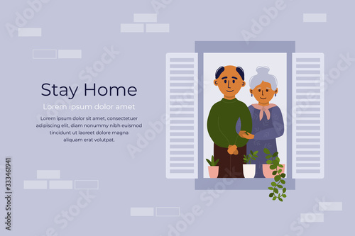 Stay home concept. House facade with brick. Aged people looking out of window. Grandmother and grandfather together. Coronavirus quarantine isolation. Vector illustration of seniors, old man and woman
