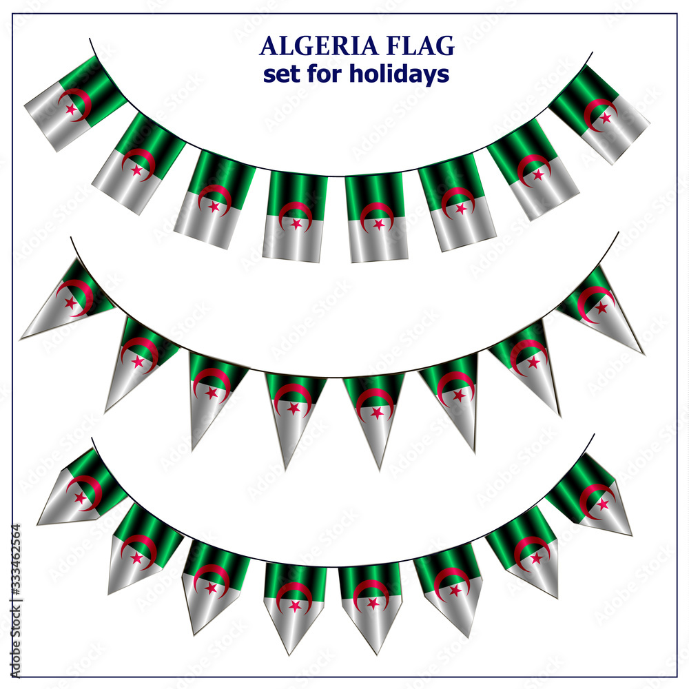 Obraz premium Bright set with flag of Algeria. Happy Algeria day background. Bright illustration with white background.