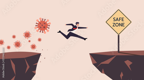 Business Man SMEs Runaway Covid-19, Coronavirus Crisis Jumping  Through The Gap Obstacles of Cliff Edge to Safe zone. Meaning is Survive or Handle or Control His Business or Company or Finance. Vector