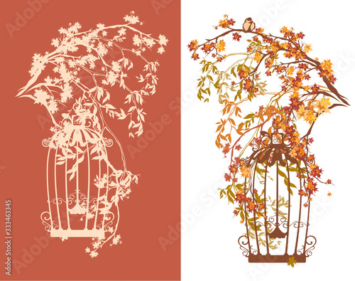 lush autumn branches and open bird cage - fall season park scene vector decor