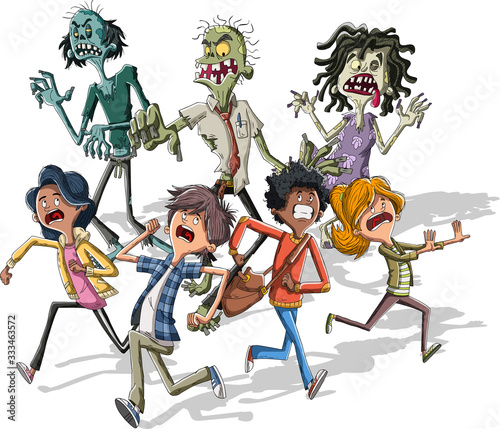 Cartoon kids running from zombies. Zombie crowd chasing teenagers.