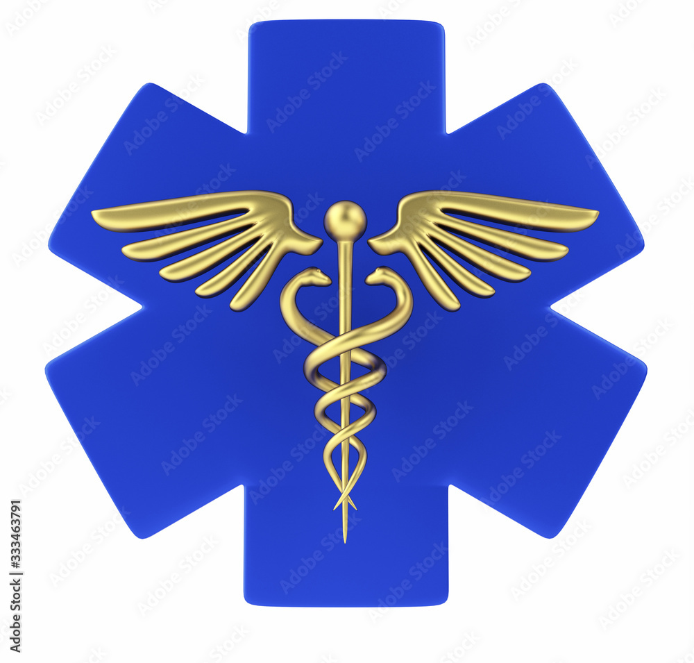 Caduceus medical symbol isolated on a white background. Caduceus Icon. Concept for Healthcare Medicine and Lifestyle. Caduceus sign with snakes on a medical star. 3d render Caduceus medical symbol isolated on a white background. Caduceus Icon. Concept for Healthcare Medicine and Lifestyle. Caduceus sign with snakes on a medical star. 3d render