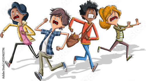 Cartoon kids running with fear. Scared teenagers.