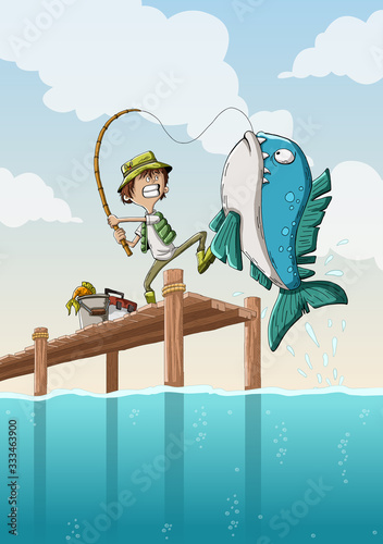 Cartoon children fishing on wooden pier. Kids catching big fish, shark and turtle.