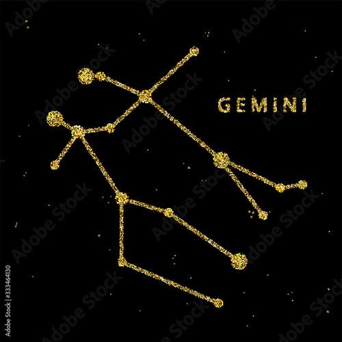 Gemini zodiac horoscope sign, astrology simbol in golden shiny glittered style on black sky background.