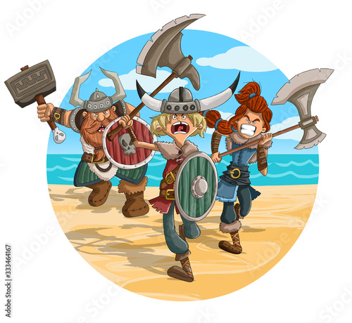 Angry cartoon vikings warriors in the attack. Vikings running along the beach shore.