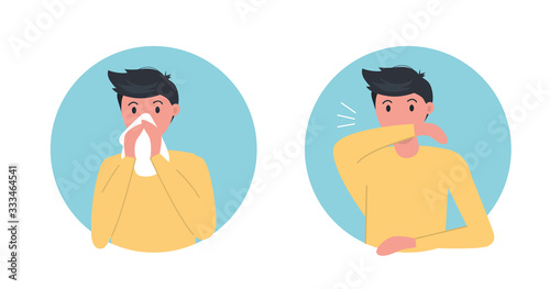 How to sneeze right  Infographic. Male character sneezing in elbow and paper napkin. Virus spread prevention. Flat vector illustration.