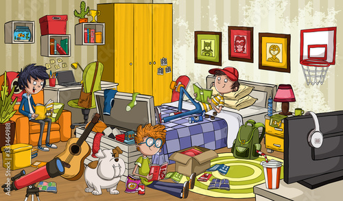 Teenager boys reading comic books in the bedroom. 