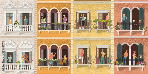 Windows with people inside their houses during outbreak. Balconies with people during quarantine.