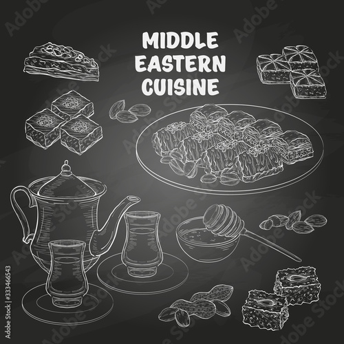 Arabic Food. Middle Eastern sweets and tea photo