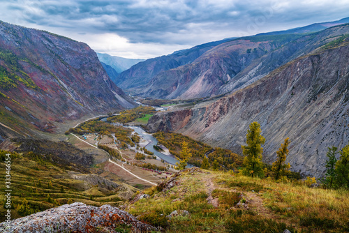 View of the Chulyshman river valley from the Katu-Yaryk pass. Ulagansky District, Altai Republic, Russia