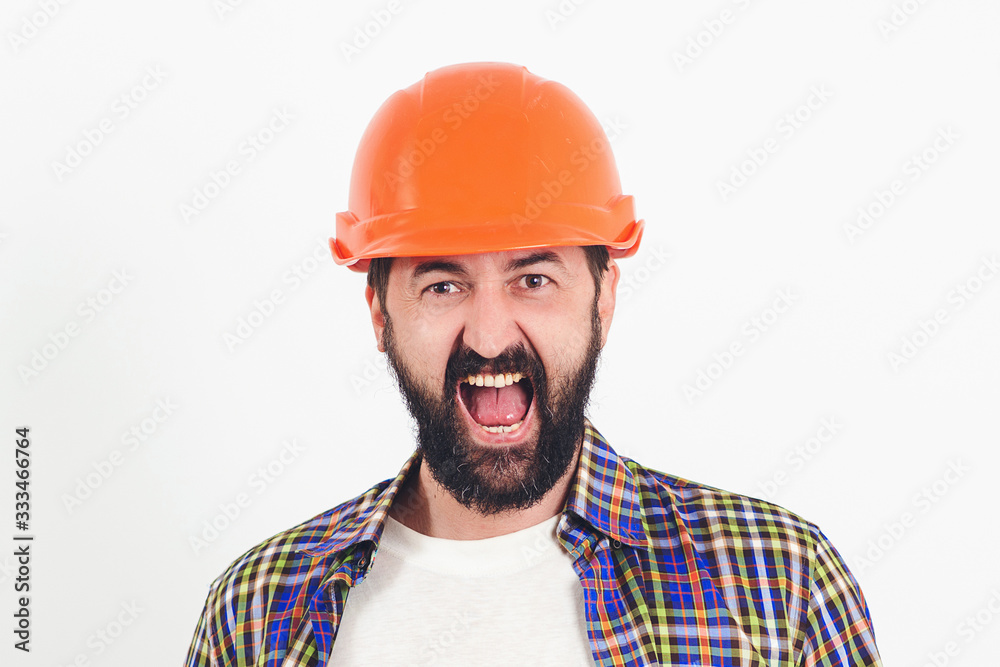 Industrial worker. Hard work. Portrait of screaming bearded builder. Worker in protect helmet. Professional builder with safety helmet. Industrial worker. Hard work. Portrait of screaming bearded builder. Worker in protect helmet. Professional builder with safety helmet.